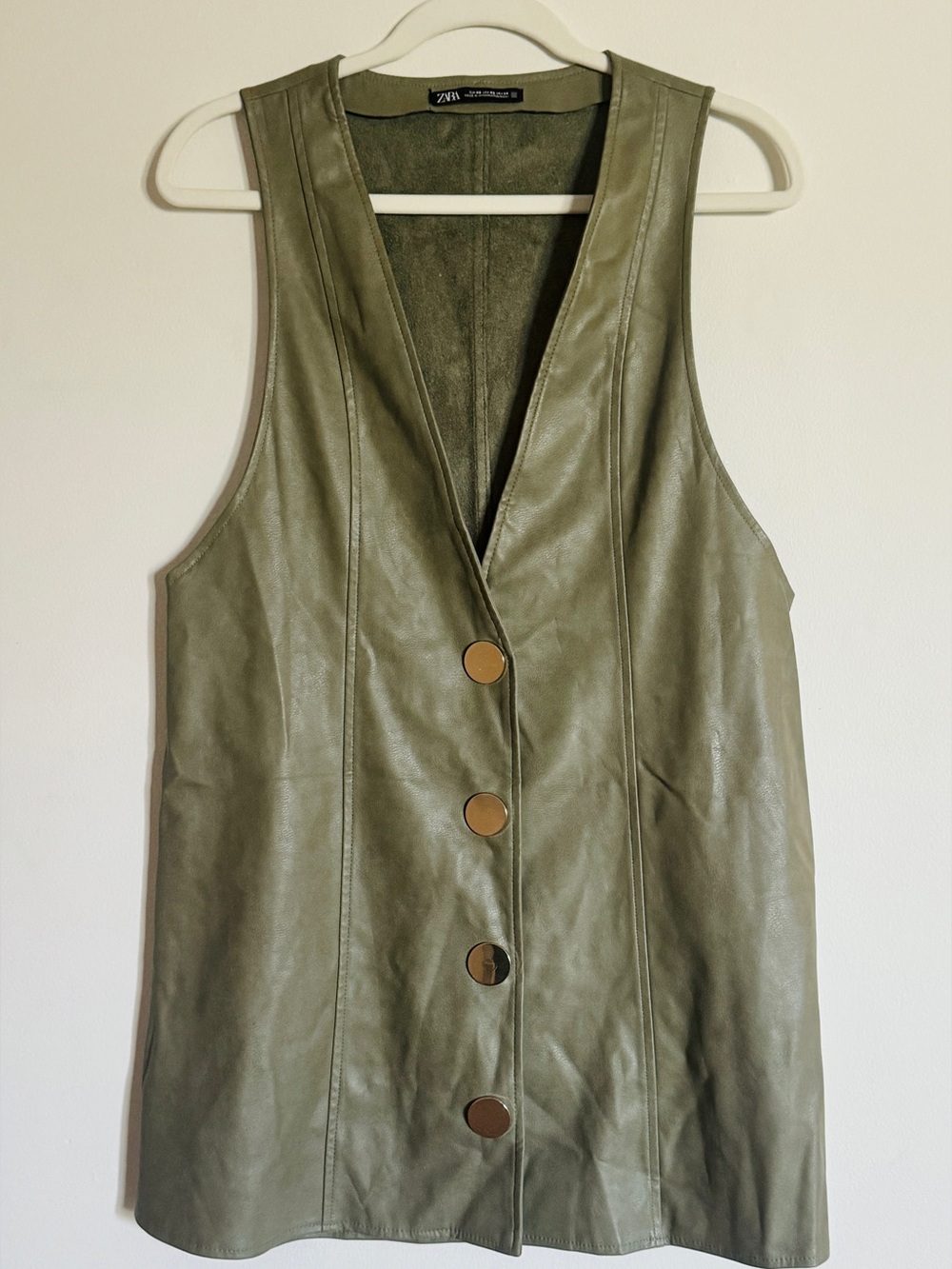 Zara Olive Green Faux Leather Button-Front Vest